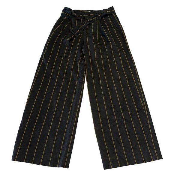 Vince Belted Stripe Black Olive Green High Rise Wide Leg Pants Women's 2